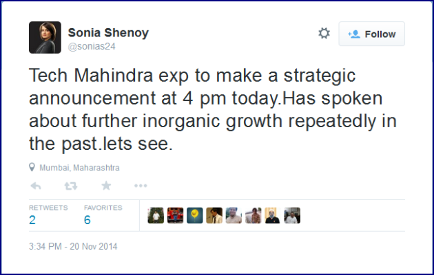 TechMahindra 4pm announcement TWEET by Sonia Shenoy